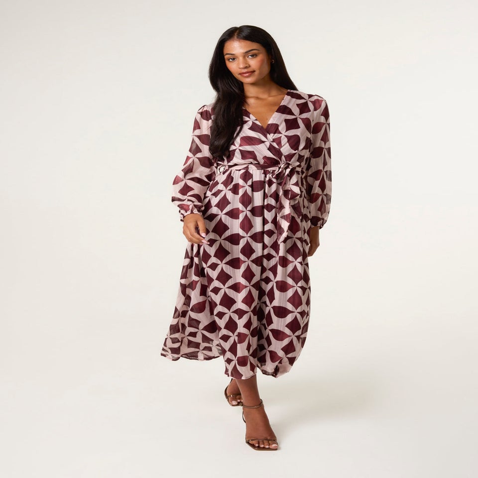 Blue Vanilla Burgundy Geometric Metallic Wrap Maxi Dress
