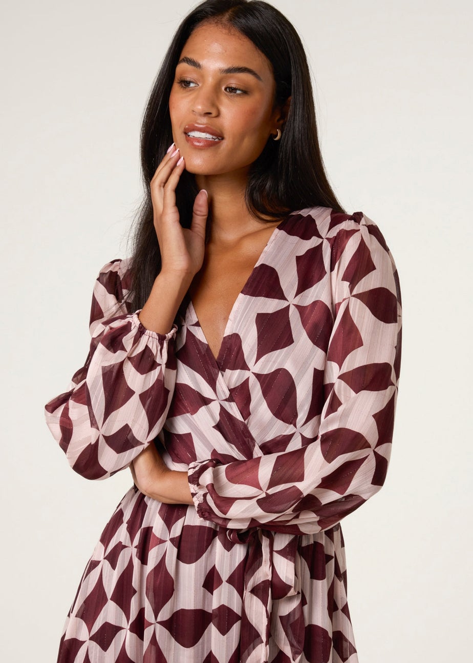 Blue Vanilla Burgundy Geometric Metallic Wrap Maxi Dress