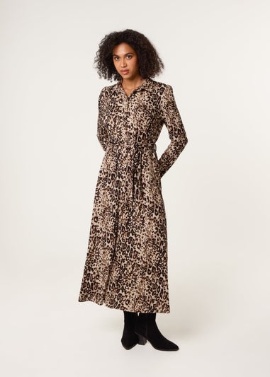 Blue Vanilla Brown Soft Touch Leopard Print Midi Shirt Dress