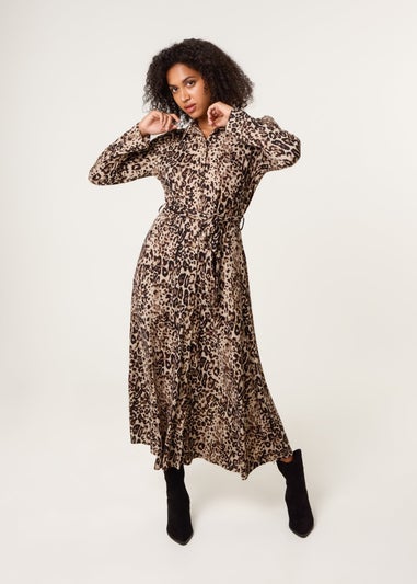 Blue Vanilla Brown Soft Touch Leopard Print Midi Shirt Dress