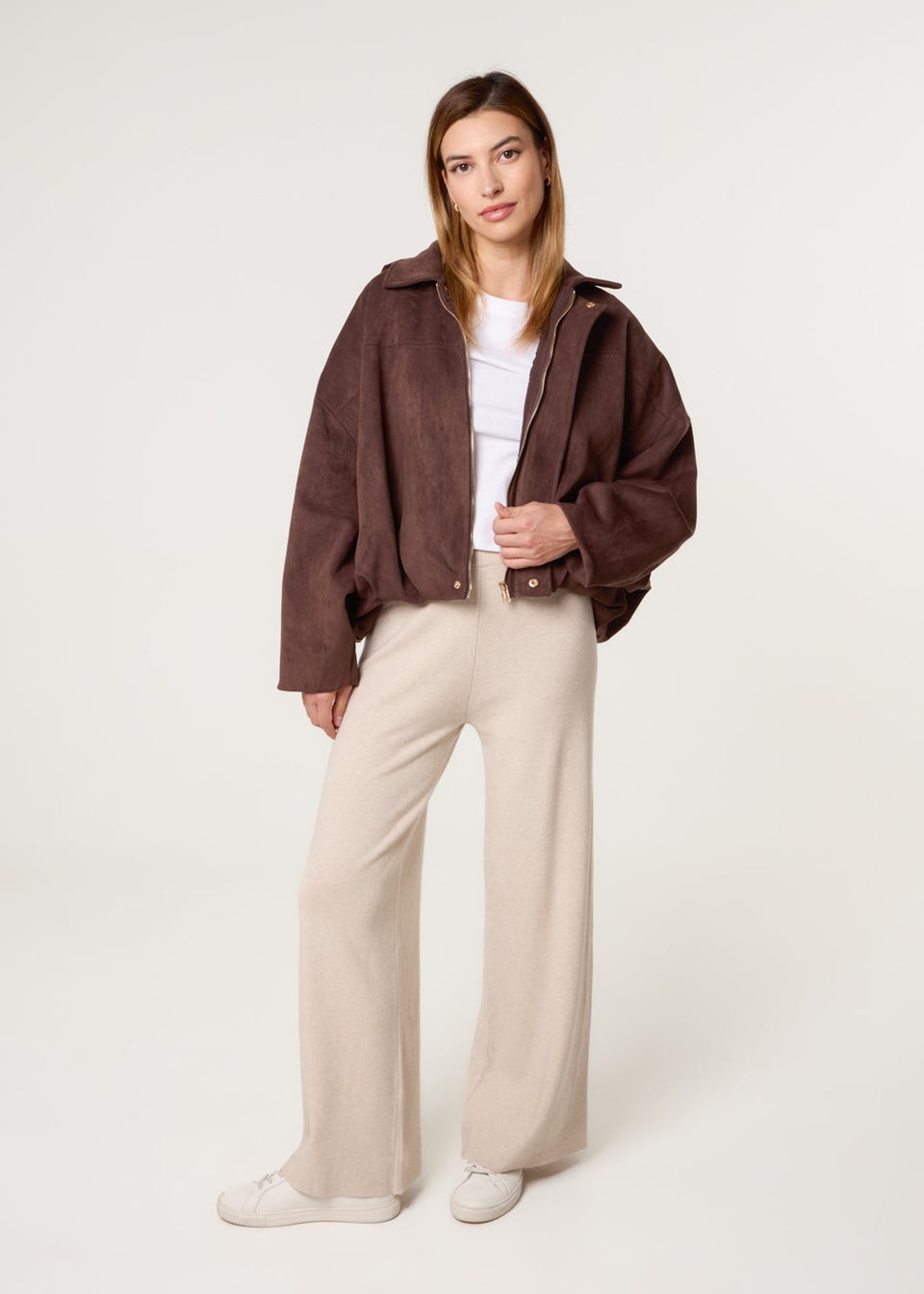 Blue Vanilla Beige Knitted Wide Leg Trousers