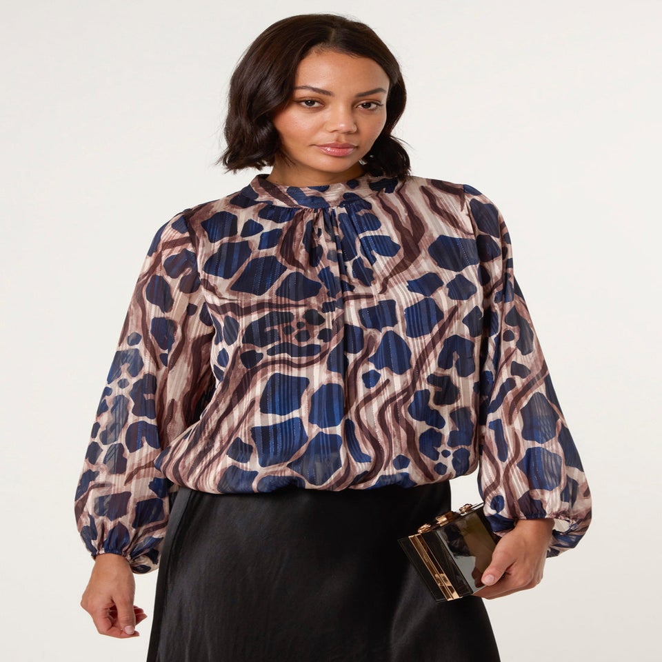 Blue Vanilla Navy Metallic Stripe Puffball Blouse