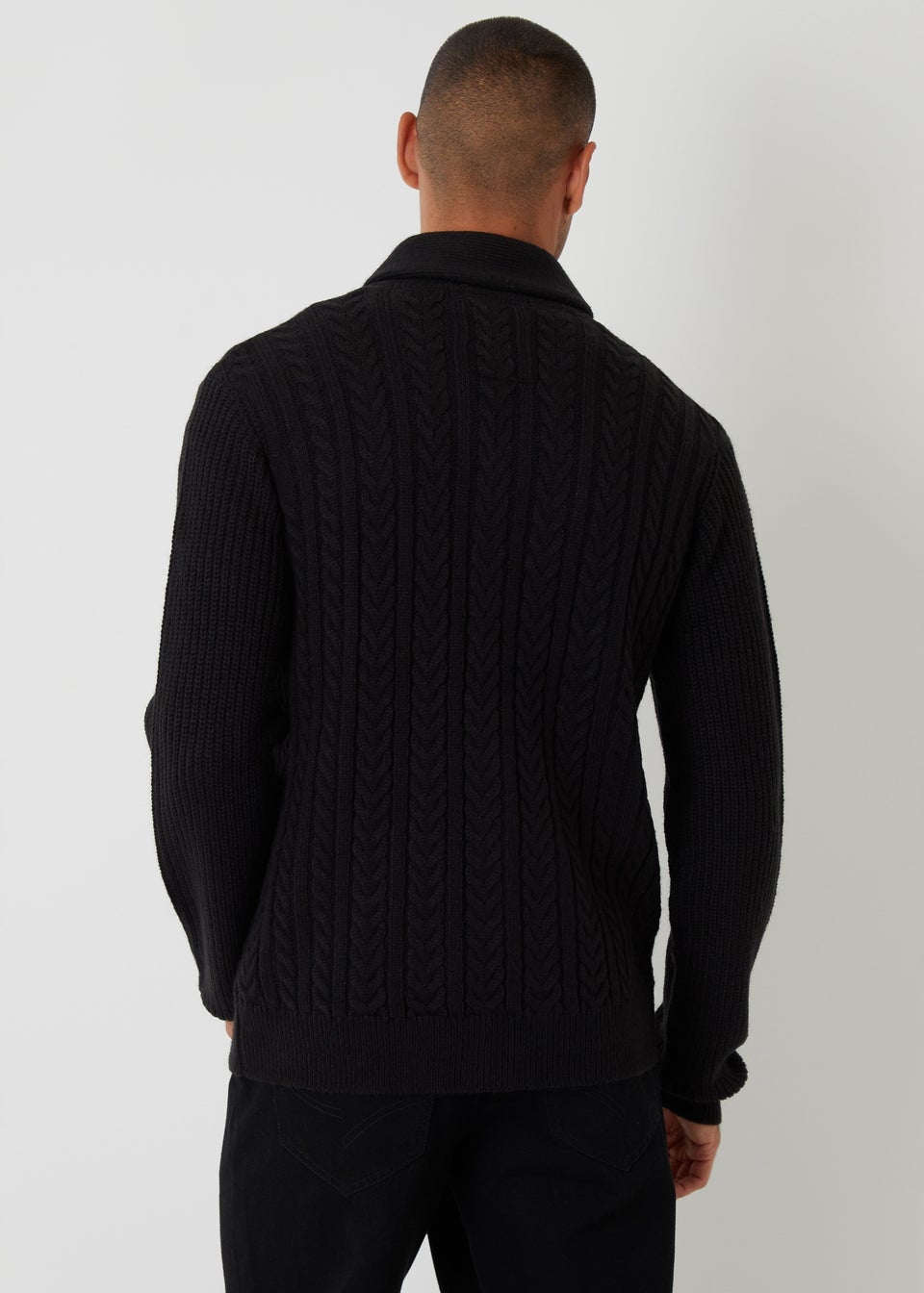 Threadbare Black Cable Knit Shawl Collar Cardigan With Wool