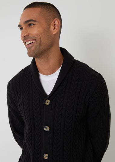 Threadbare Black Cable Knit Shawl Collar Cardigan With Wool