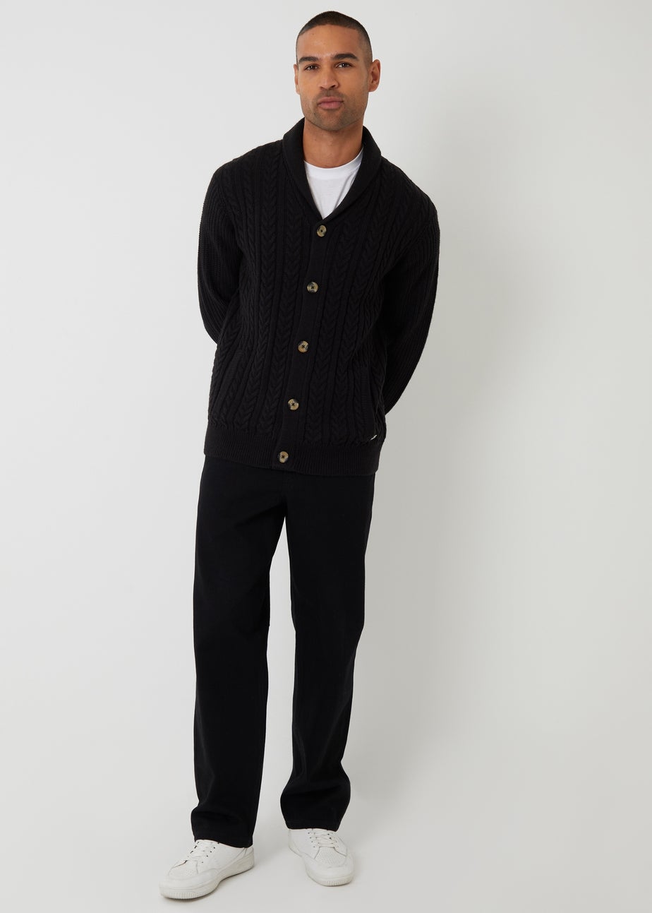 Threadbare Black Cable Knit Shawl Collar Cardigan With Wool