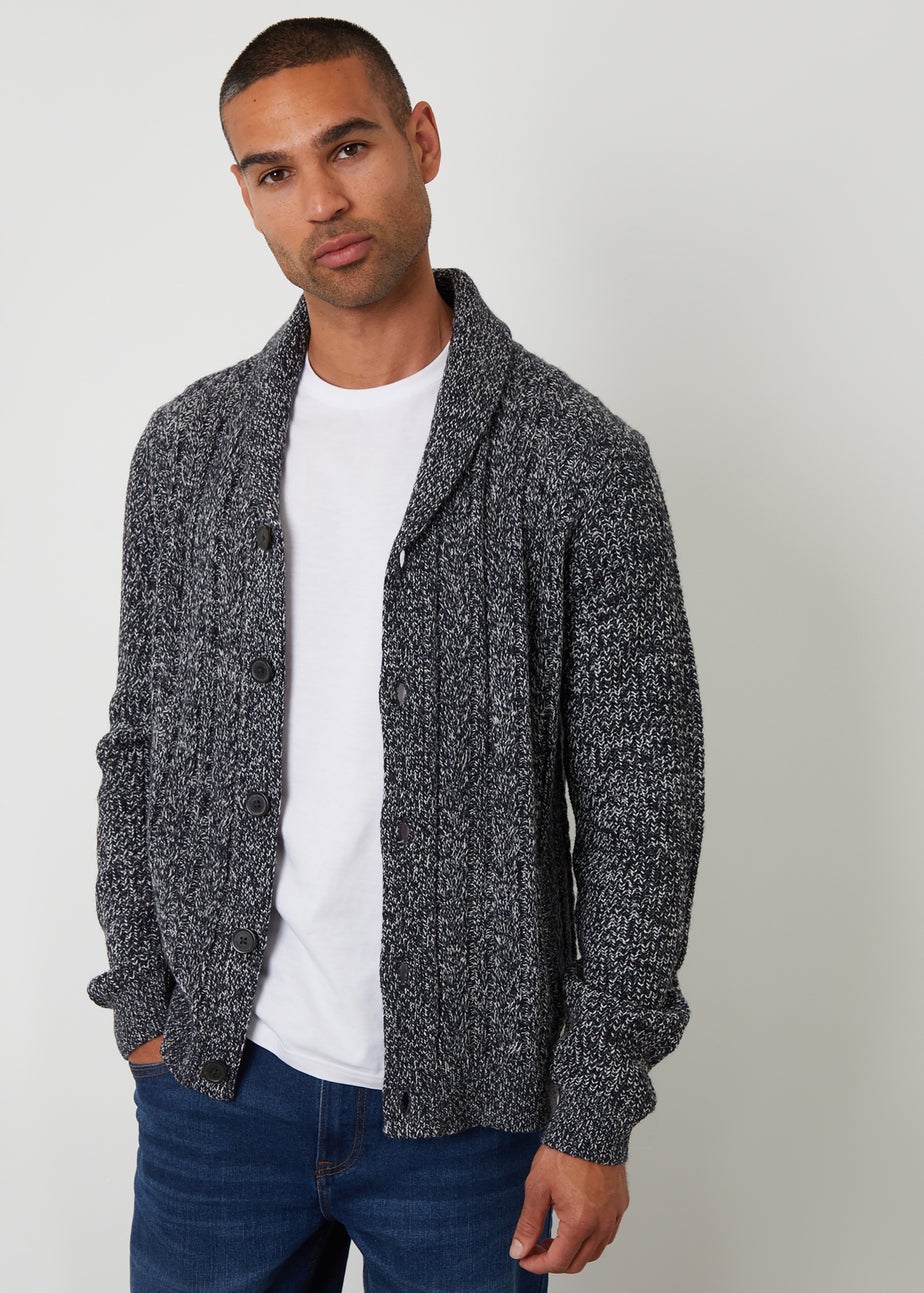 Threadbare Blue Cable Knit Shawl Collar Cardigan With Wool