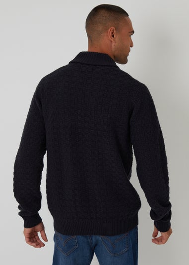 Threadbare Navy Basket Stitch Shawl Neck Jumper With Wool