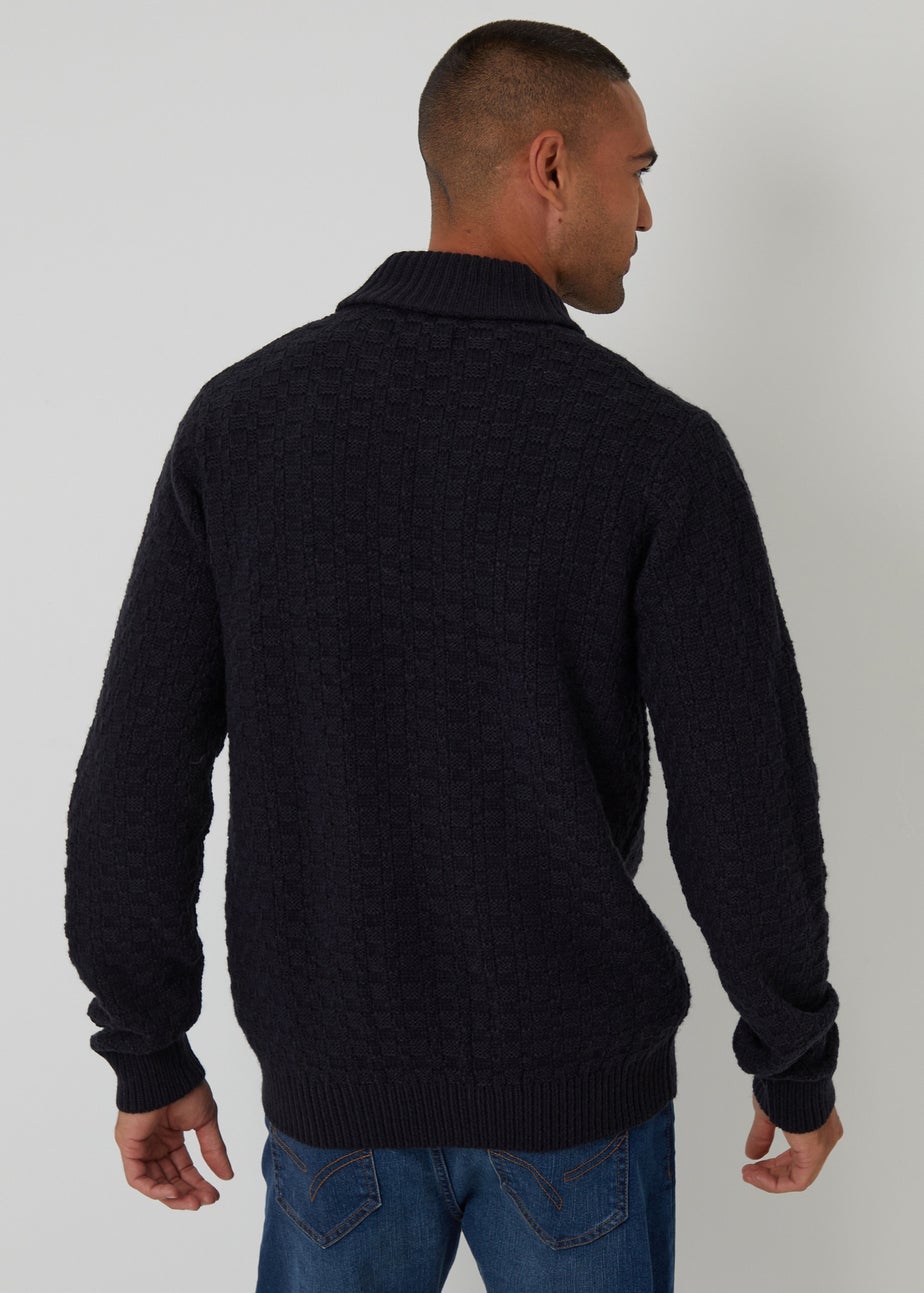 Threadbare Navy Basket Stitch Shawl Neck Jumper With Wool