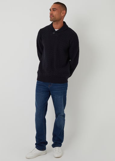 Threadbare Navy Basket Stitch Shawl Neck Jumper With Wool
