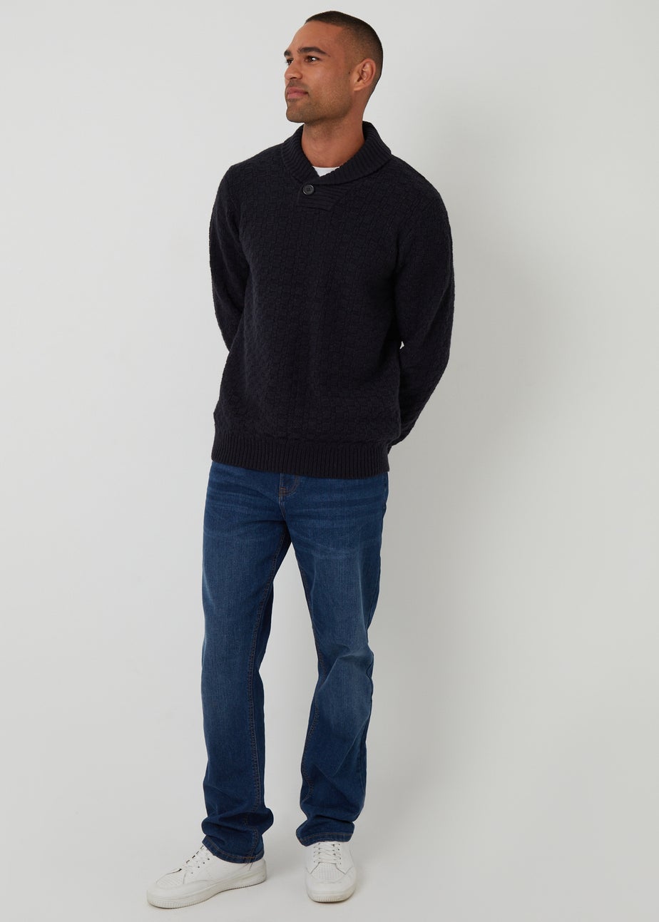 Threadbare Navy Basket Stitch Shawl Neck Jumper With Wool