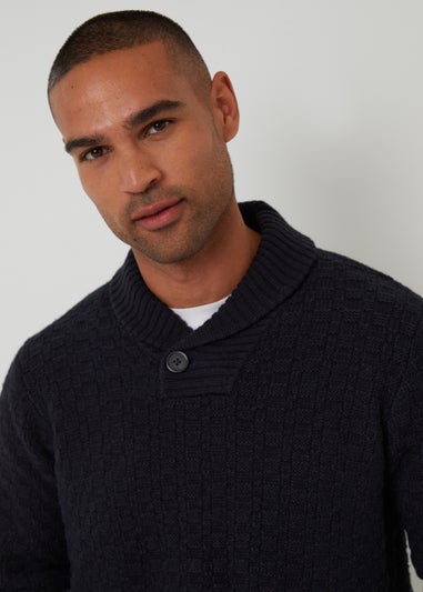 Threadbare Navy Basket Stitch Shawl Neck Jumper With Wool