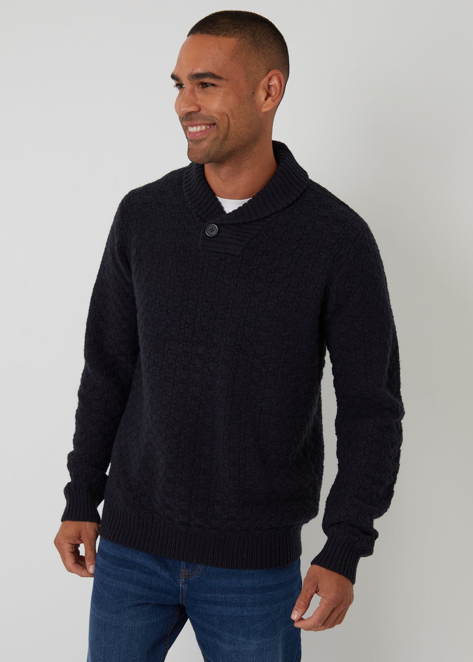 Threadbare Navy Basket Stitch Shawl Neck Jumper With Wool