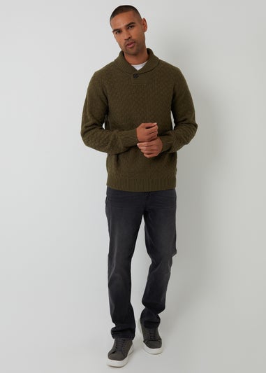 Threadbare Khaki Basket Stitch Shawl Neck Jumper With Wool