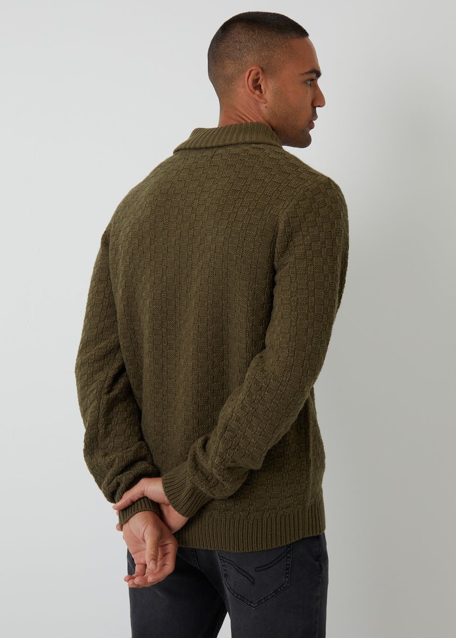 Threadbare Khaki Basket Stitch Shawl Neck Jumper With Wool