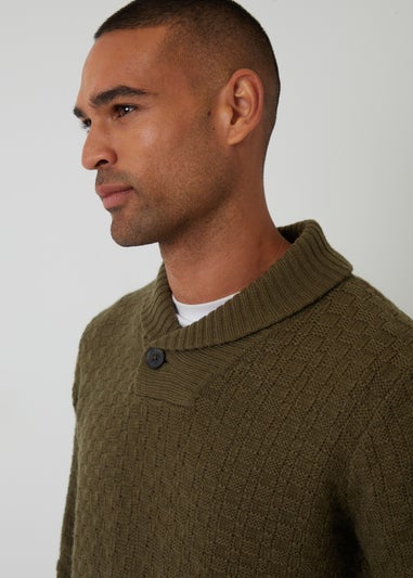 Threadbare Khaki Basket Stitch Shawl Neck Jumper With Wool
