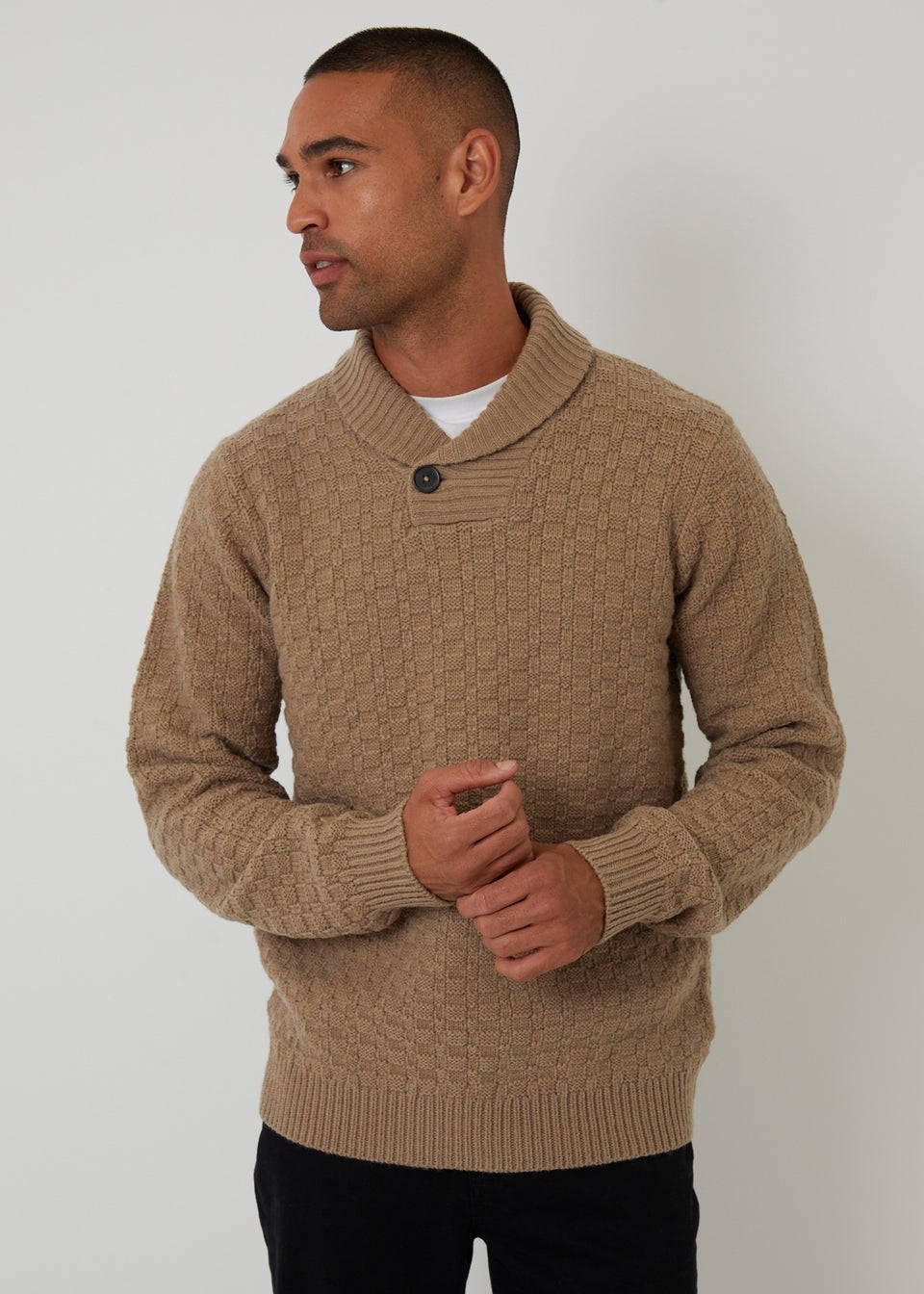 Threadbare Natural Basket Stitch Shawl Neck Jumper With Wool