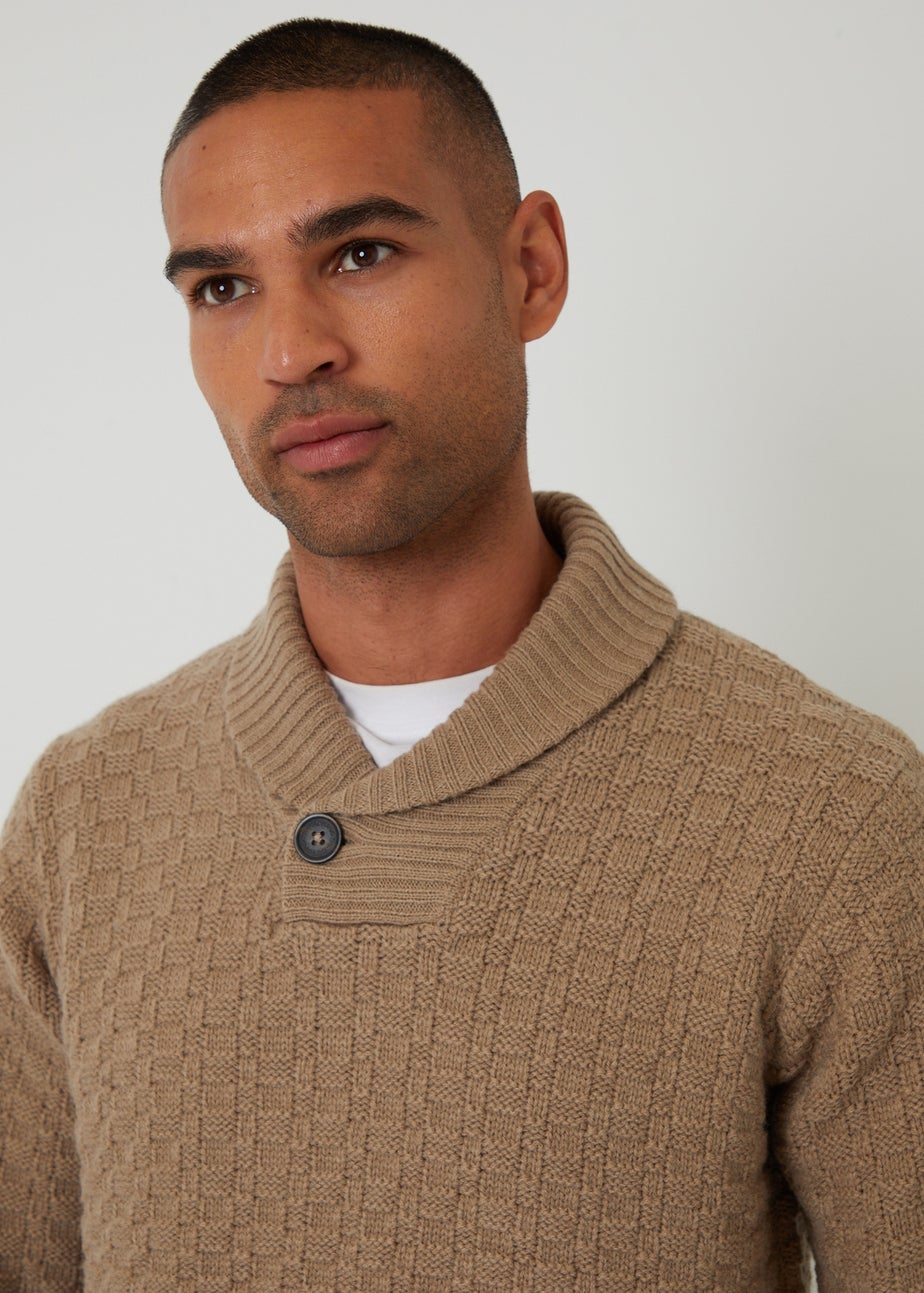 Threadbare Natural Basket Stitch Shawl Neck Jumper With Wool