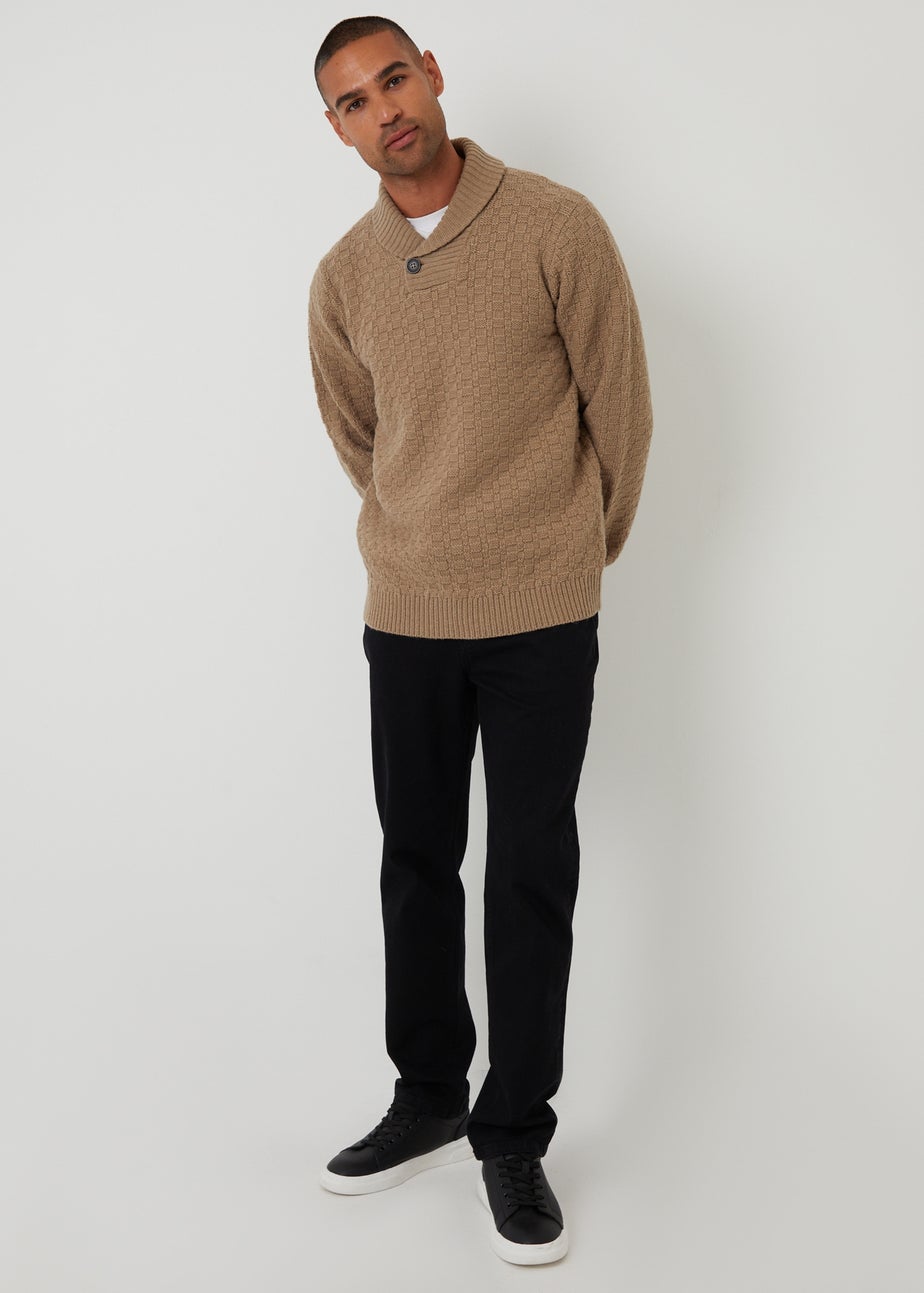 Threadbare Natural Basket Stitch Shawl Neck Jumper With Wool