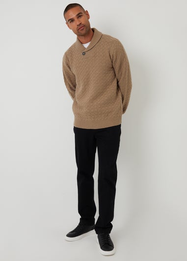 Threadbare Natural Basket Stitch Shawl Neck Jumper With Wool