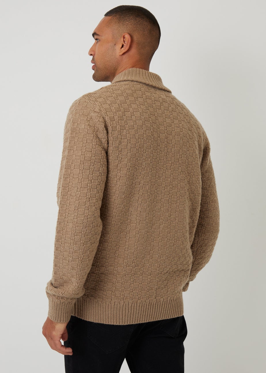Threadbare Natural Basket Stitch Shawl Neck Jumper With Wool