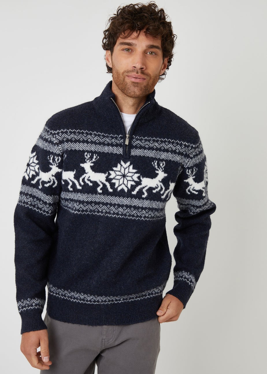 Threadbare Navy Fairisle Knitted Quarter Zip Christmas Jumper
