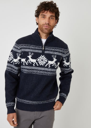 Threadbare Navy Fairisle Knitted Quarter Zip Christmas Jumper