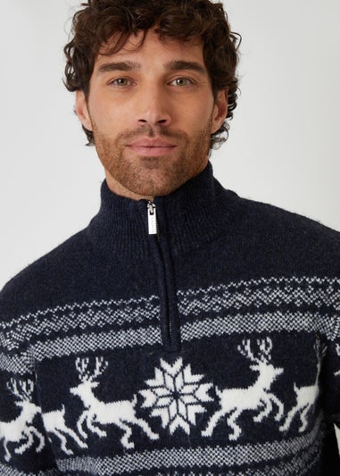 Threadbare Navy Fairisle Knitted Quarter Zip Christmas Jumper