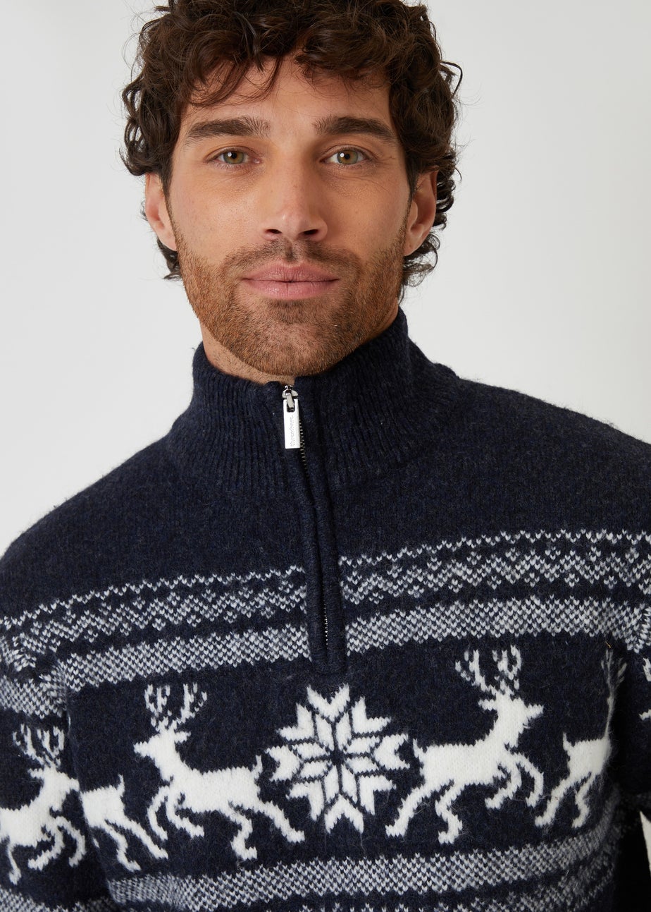Threadbare Navy Fairisle Knitted Quarter Zip Christmas Jumper