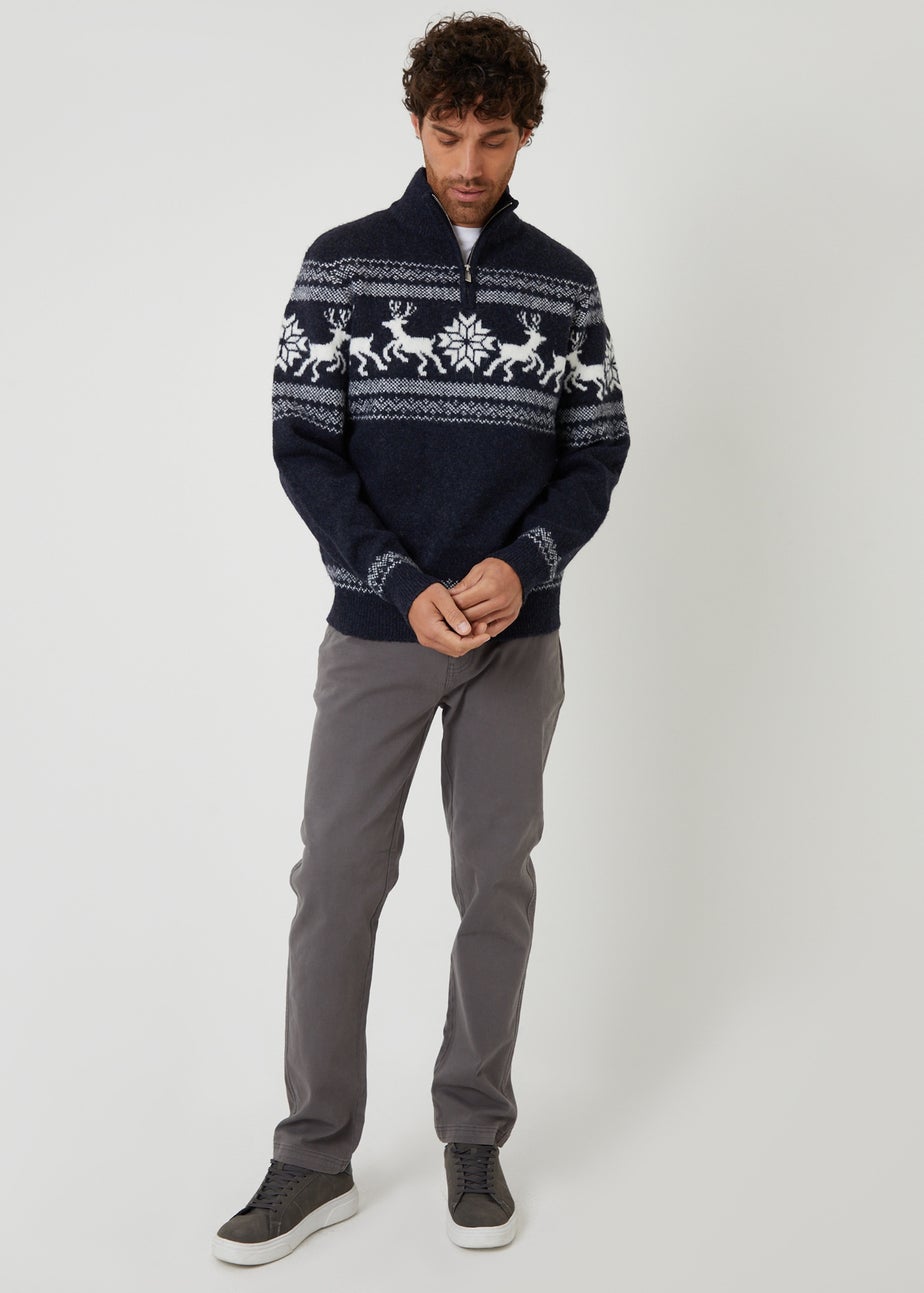 Threadbare Navy Fairisle Knitted Quarter Zip Christmas Jumper