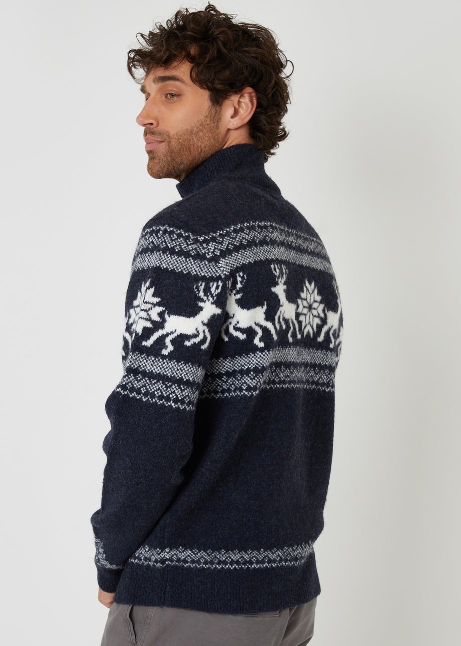 Threadbare Navy Fairisle Knitted Quarter Zip Christmas Jumper