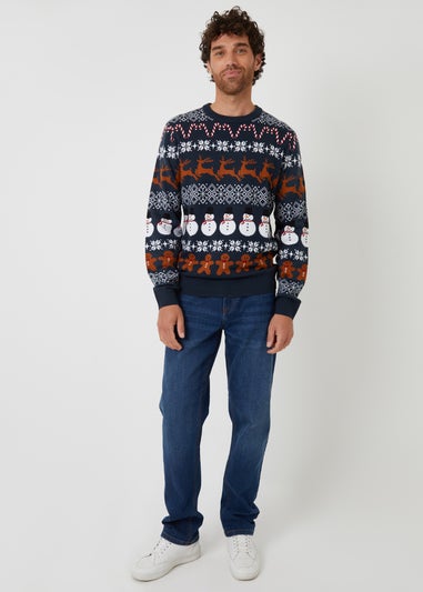 Threadbare Navy Fairisle Knitted Crew Neck Christmas Jumper