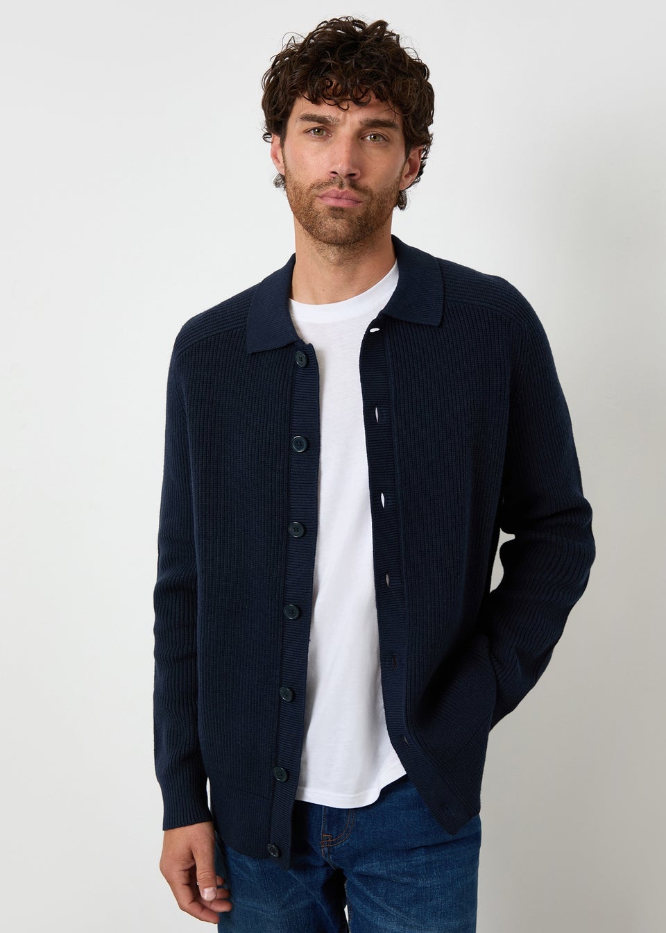 Threadbare Navy Knitted Collared Cardigan Jacket
