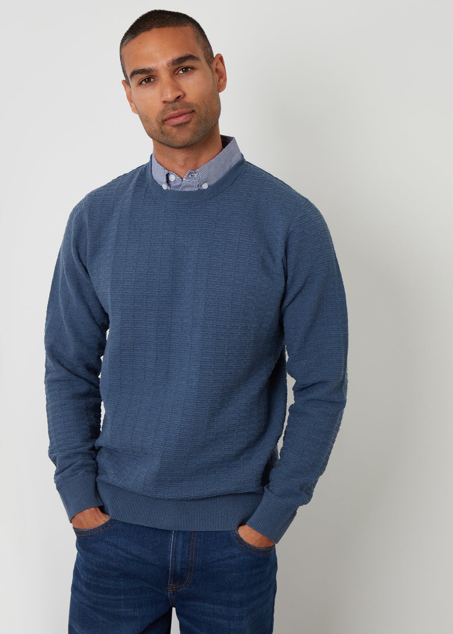 Threadbare Blue Mock Shirt Textured Knitted Jumper