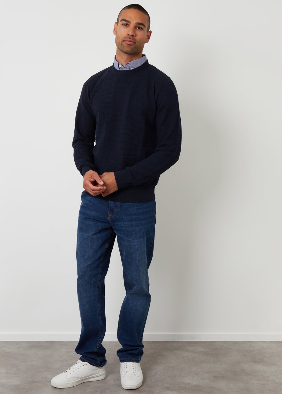 Threadbare Navy Mock Shirt Textured Knitted Jumper