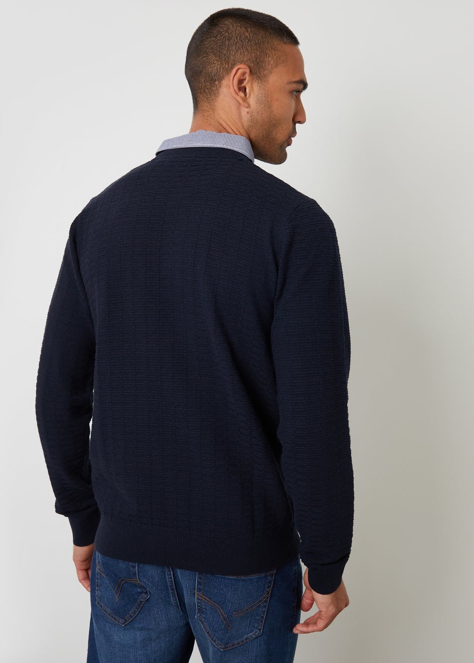 Threadbare Navy Mock Shirt Textured Knitted Jumper