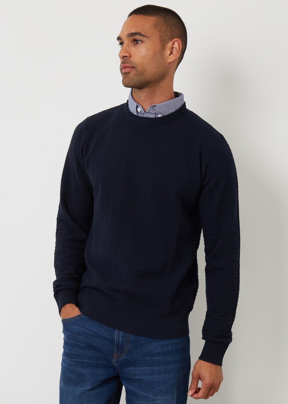 Threadbare Navy Mock Shirt Textured Knitted Jumper