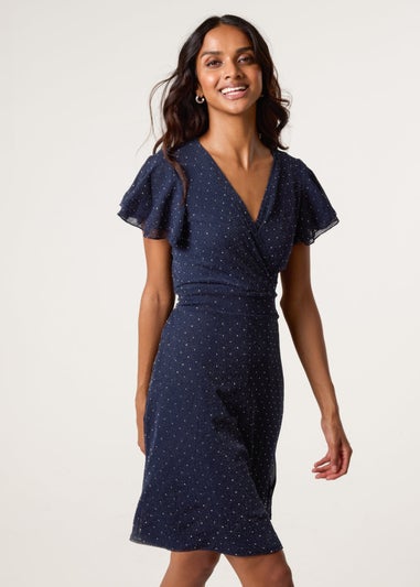 Blue Vanilla Navy Rhinestone Diamante Wrap Dress