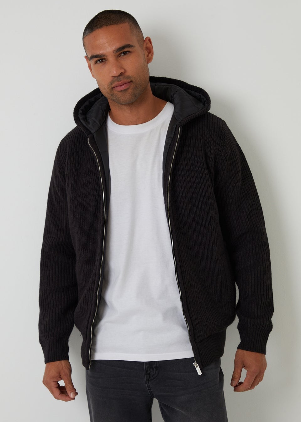 Threadbare Black Padded Knitted Jacket With Puffer Lining