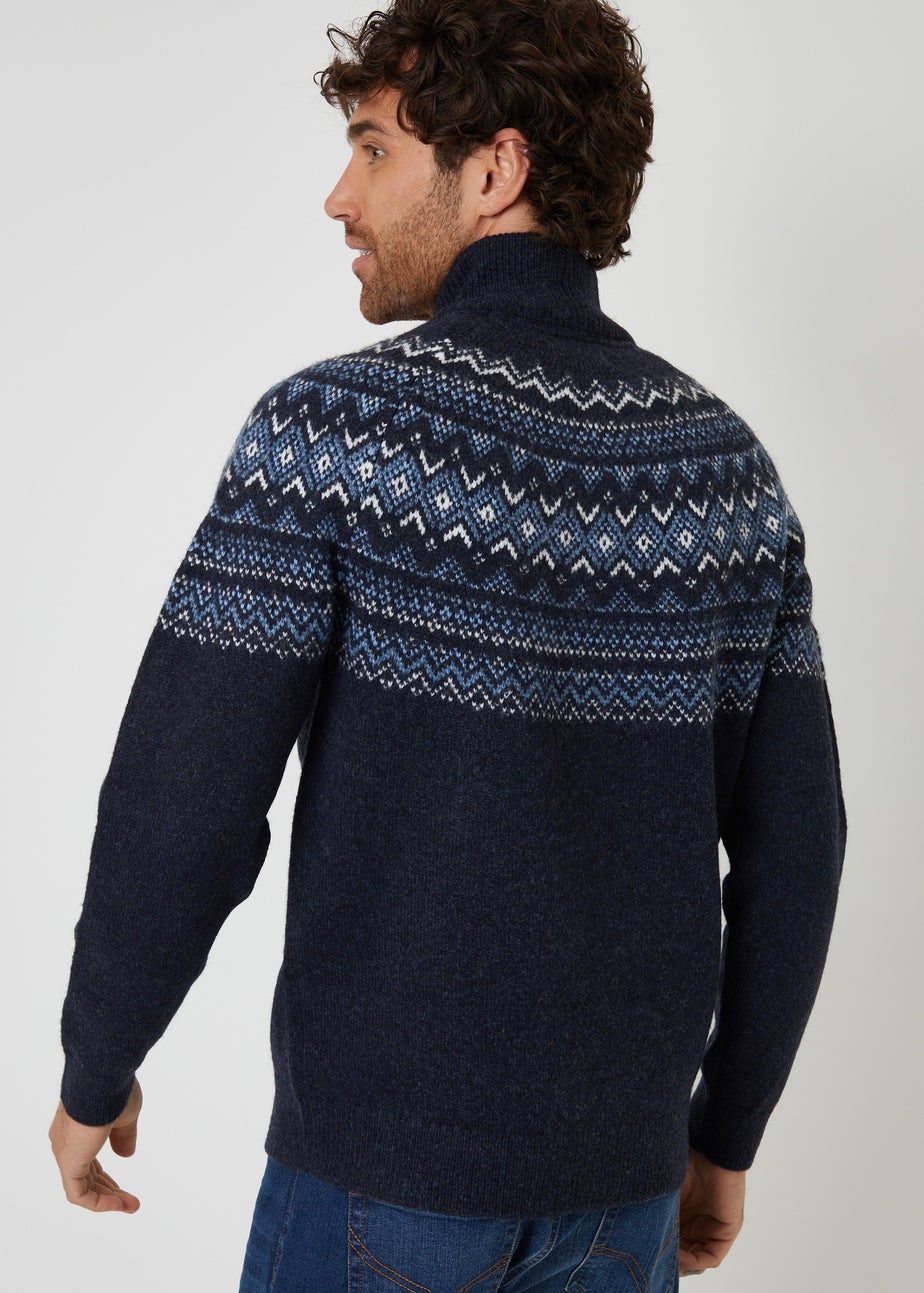 Threadbare Navy Fairisle Quarter Zip Knitted Jumper With Wool