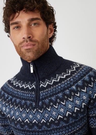 Threadbare Navy Fairisle Quarter Zip Knitted Jumper With Wool