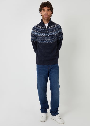 Threadbare Navy Fairisle Quarter Zip Knitted Jumper With Wool