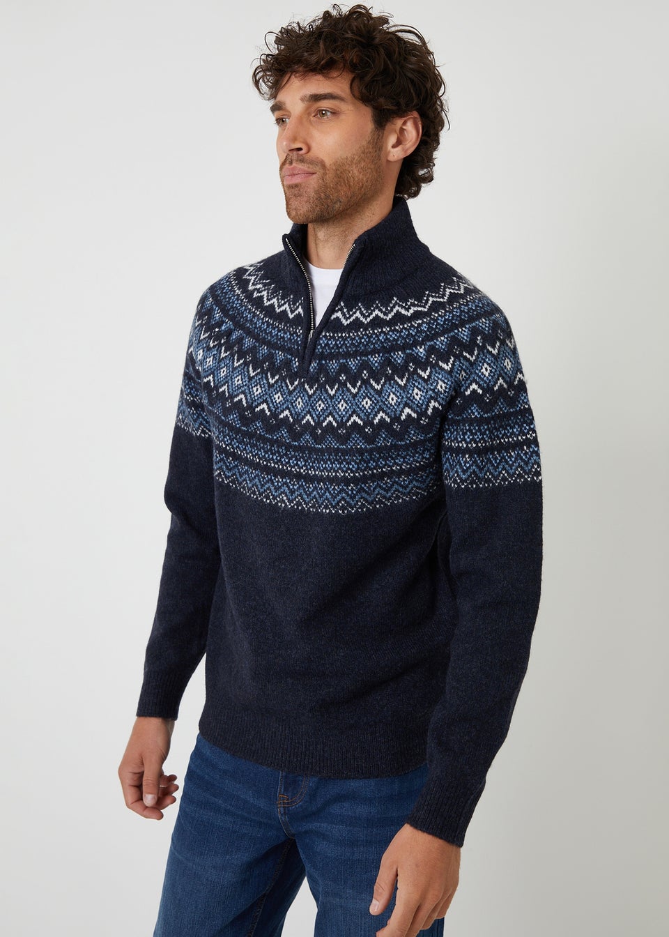 Threadbare Navy Fairisle Quarter Zip Knitted Jumper With Wool