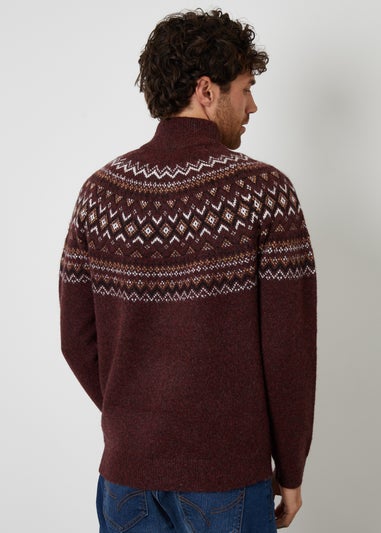 Threadbare Burgundy Fairisle Quarter Zip Knitted Jumper With Wool