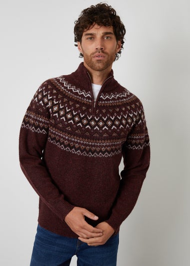 Threadbare Burgundy Fairisle Quarter Zip Knitted Jumper With Wool