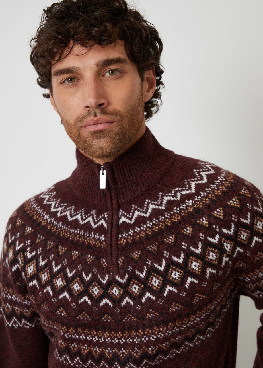 Threadbare Burgundy Fairisle Quarter Zip Knitted Jumper With Wool