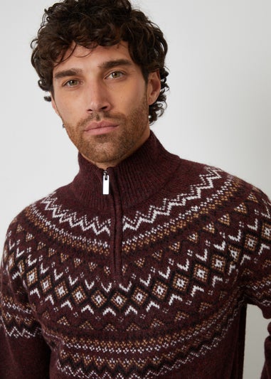 Threadbare Burgundy Fairisle Quarter Zip Knitted Jumper With Wool