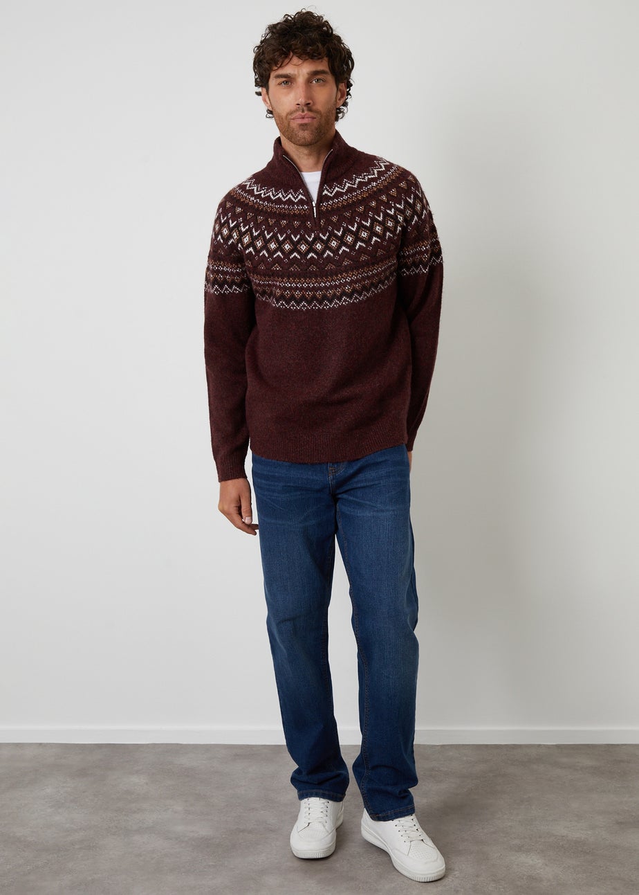 Threadbare Burgundy Fairisle Quarter Zip Knitted Jumper With Wool