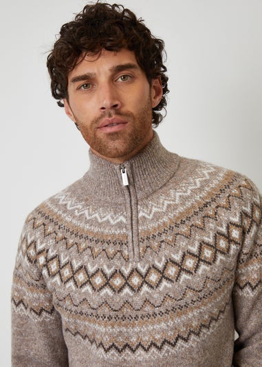 Threadbare Taupe Fairisle Quarter Zip Knitted Jumper With Wool