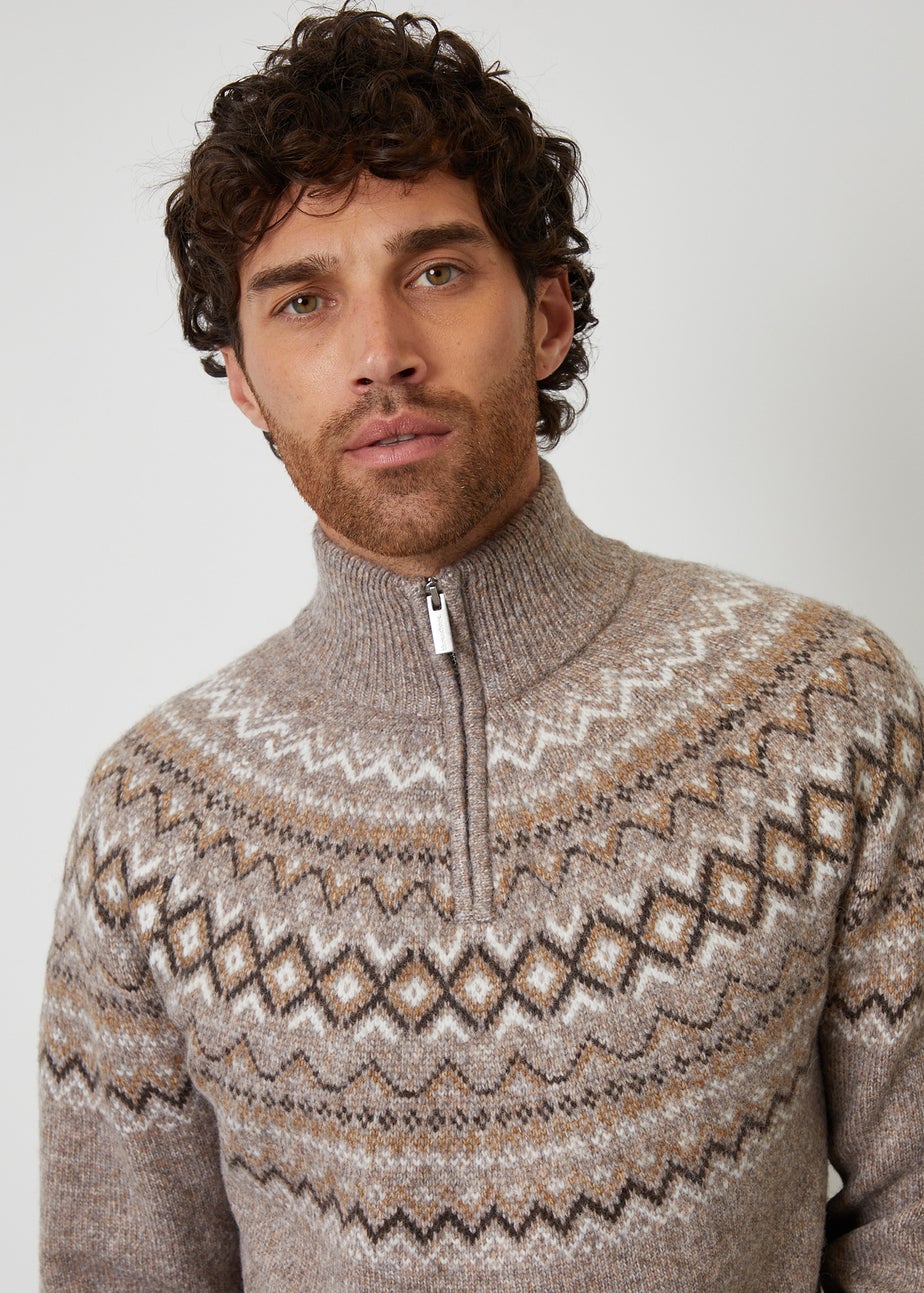 Threadbare Taupe Fairisle Quarter Zip Knitted Jumper With Wool