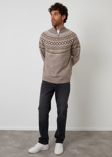 Threadbare Taupe Fairisle Quarter Zip Knitted Jumper With Wool